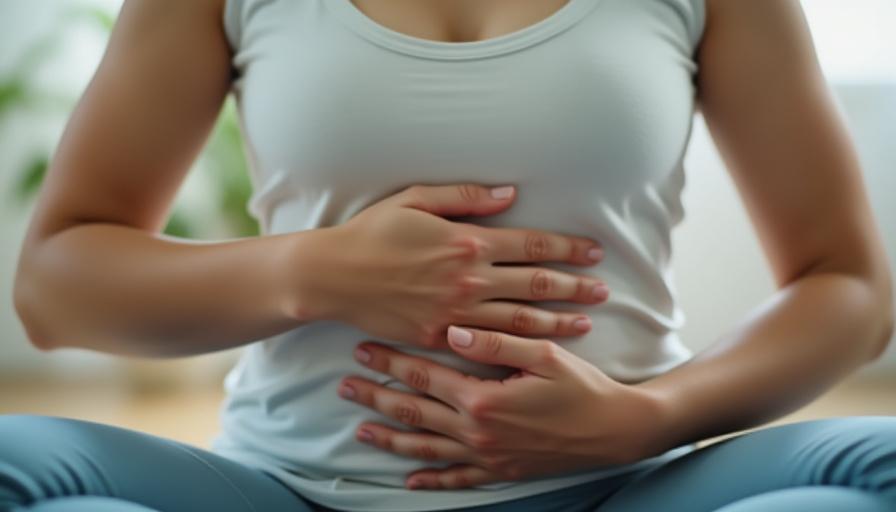 Eine Person meditiert ruhig mit geschlossenen Augen, die Hände auf dem Bauch, um tiefe Bauchatmung zu symbolisieren, in einer friedlichen Umgebung.