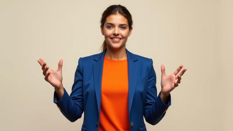 Eine Person, die selbstbewusst und mit offener Körpersprache spricht, als Symbol für sicheres Auftreten durch Körpersprache.