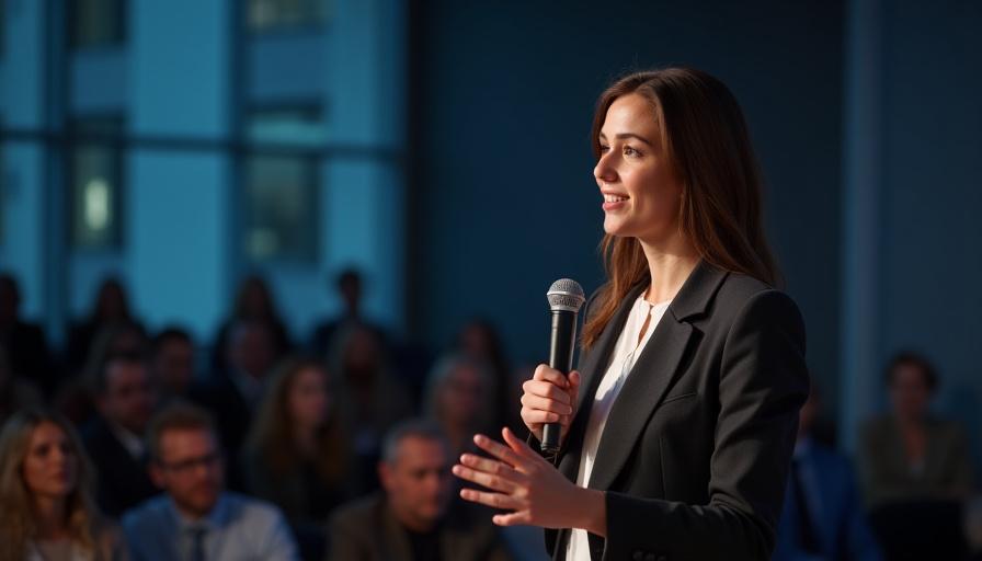 Eine junge professionelle Frau mit Mikrofon auf einer Bühne, die zuversichtlich zu einem Publikum spricht, symbolisiert das Überwinden von Lampenfieber.
