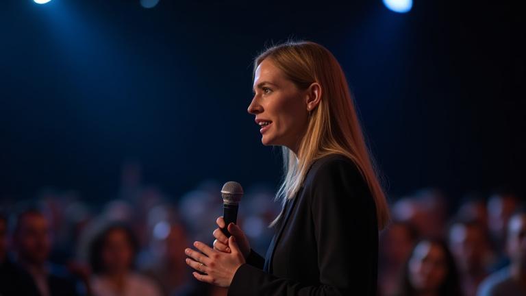 Eine Person, die selbstbewusst vor Publikum spricht, um 5 wirksame Tipps gegen Lampenfieber darzustellen.