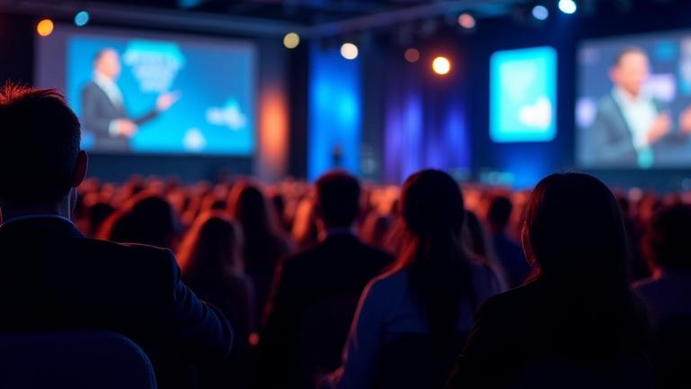 Ein begeistertes Publikum, das einem Redner aufmerksam zuhört, der visuelle Hilfsmittel einsetzt, symbolisiert, wie man ein Publikum fesselt.