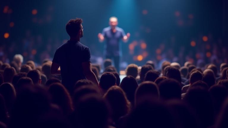 Eine animierte Rede, bei der ein Redner ein Publikum mit einer Geschichte fesselt, um die Macht des Storytellings zu illustrieren.