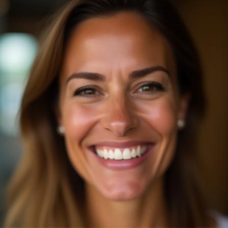 Nahaufnahme einer lächelnden Person, die direkt in die Kamera schaut und Blickkontakt herstellt.