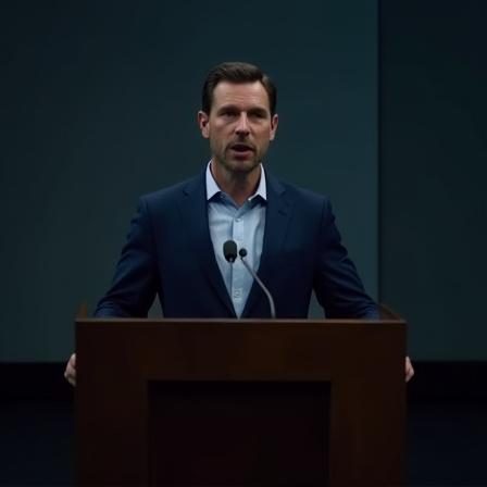 Ein Mann steht fest und geerdet, Hände locker an der Seite, vor einem Podium.