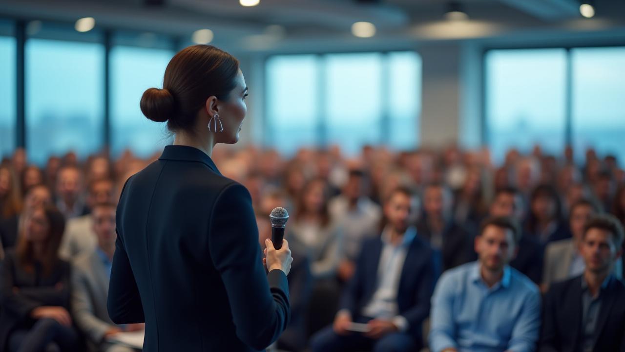 Professionelle Sprecherin, die selbstbewusst vor Publikum steht und klare Körpersprache zeigt.