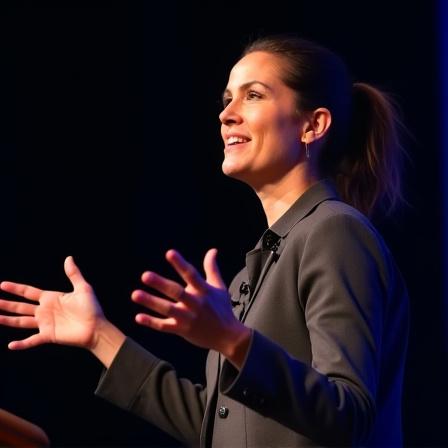 Eine selbstbewusste Redneringestikuliert mit offenen Händen, um einen Punkt zu betonen.