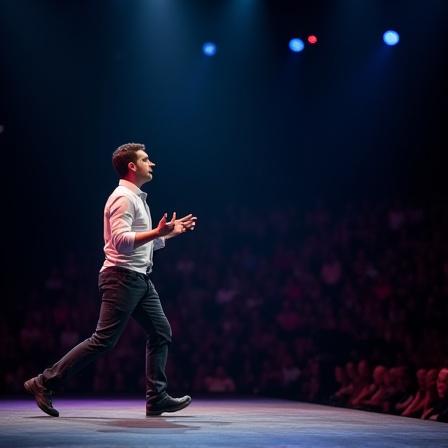 Ein Redner bewegt sich dynamisch auf der Bühne, nutzt den Raum und Interagiert mit dem Publikum.