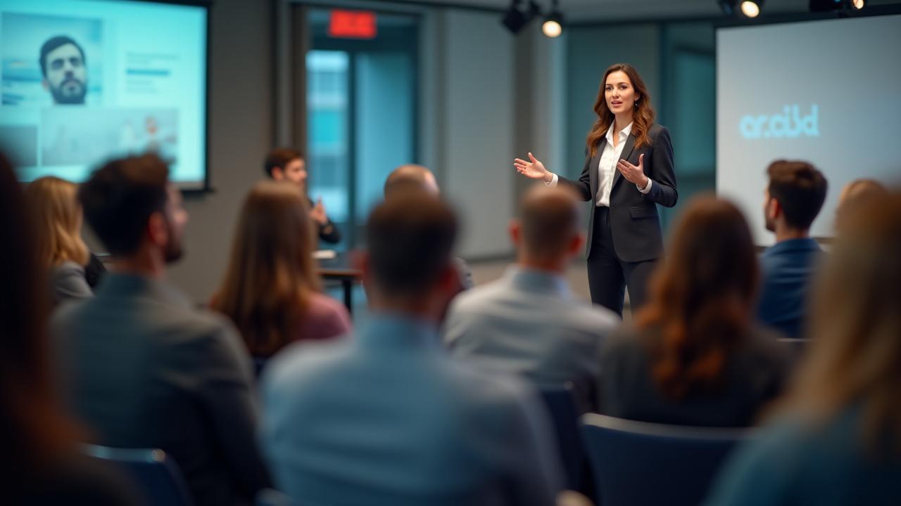Eine selbstbewusste Rednerin fesselt ihr Publikum auf einer Bühne