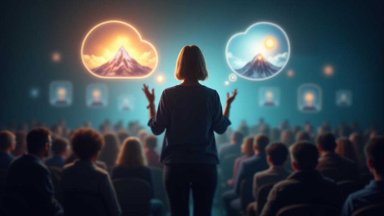 Person, die eine fesselnde Geschichte erzählt, mit symbolischen Sprechblasen und einer begeisterten Zuhörerschaft.