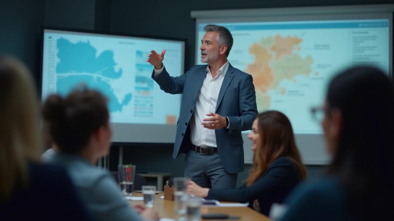 Geschäftsmann hält einen Storytelling-Pitch vor begeistertem Publikum.